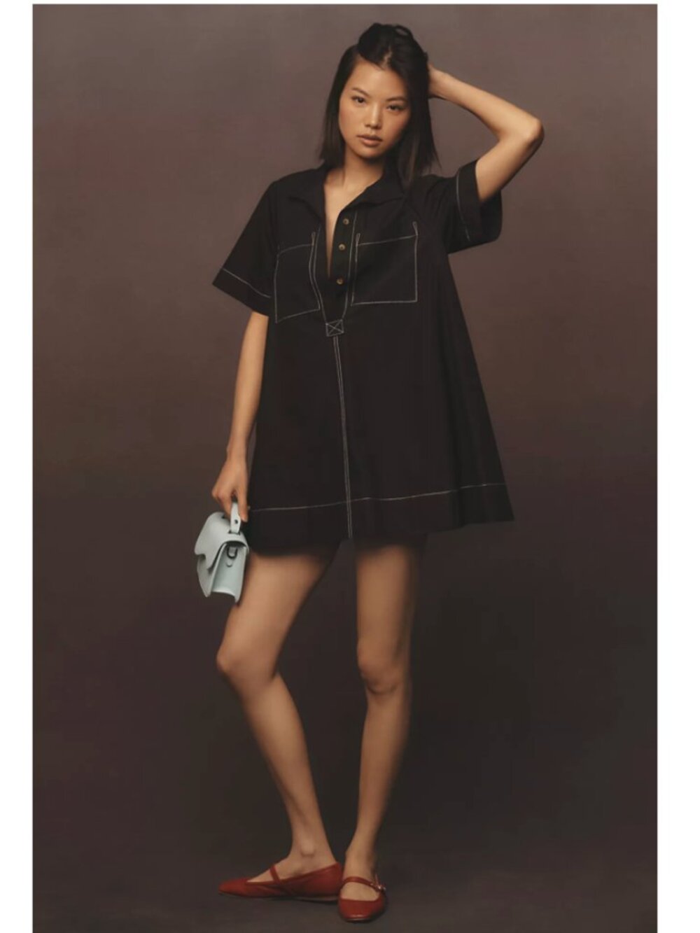 Maeve Jeannie Short-Sleeve A-Line Mini Dress Babydoll Black Size Large